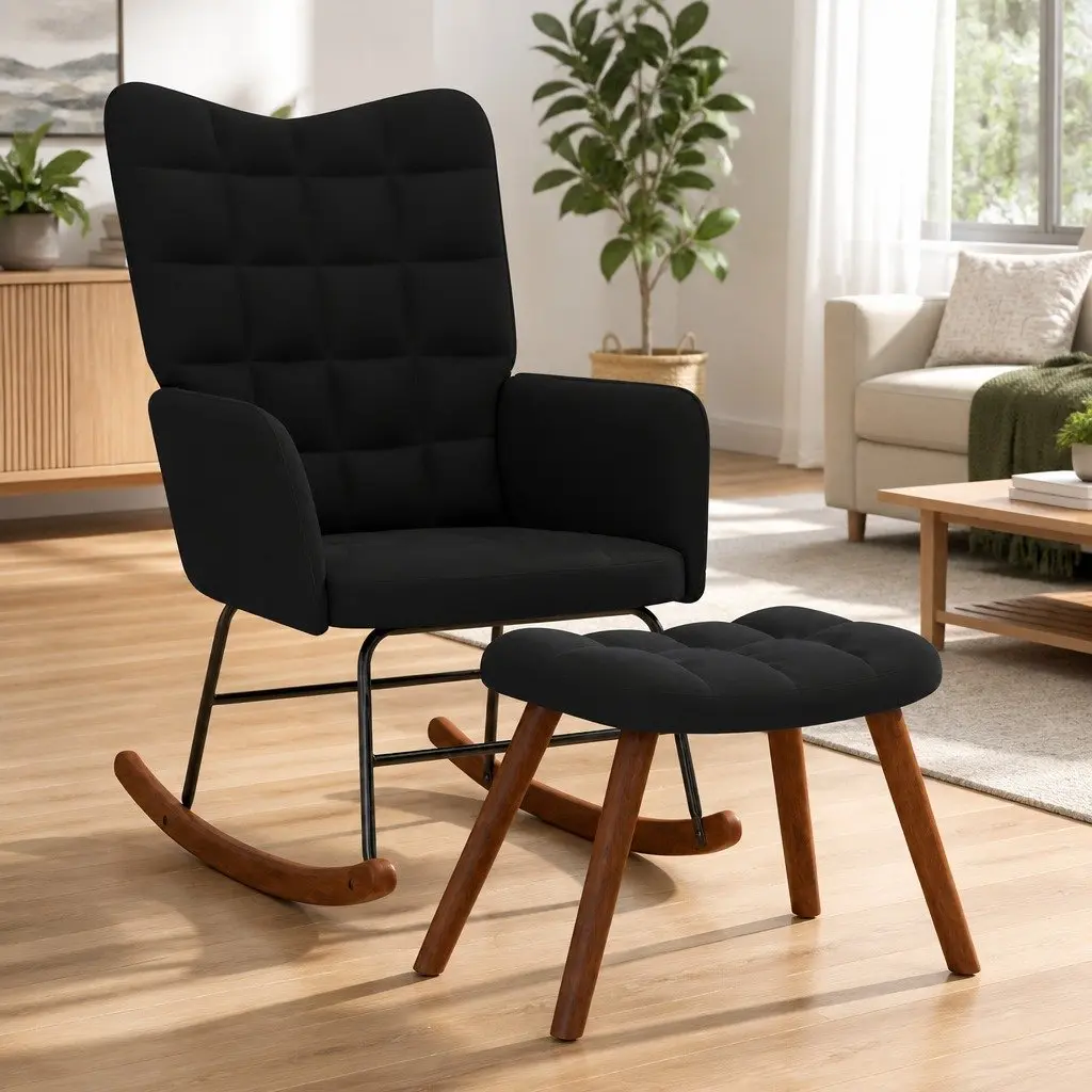 Black Velvet Rocking Chair with Stool for Relaxation