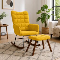 Rocking Chair with Stool Yellow Velvet Lounge Armchair Padded Seat Backrest