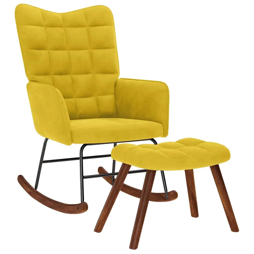 Rocking Chair with Stool Velvet Lounge Armchair Padded Seat Backrest Yellow
