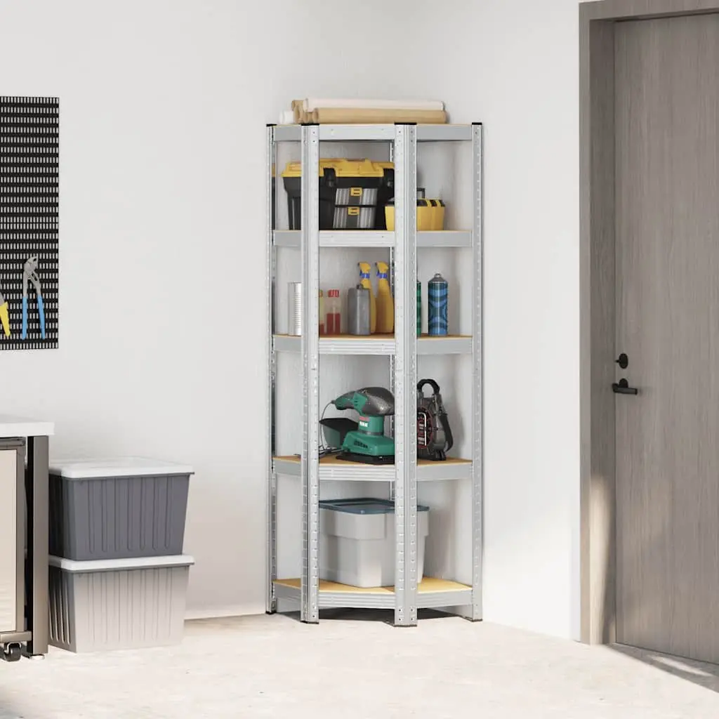 Corner Shelf Rack Industrial Storage 5 Layers Engineered Wood Steel Frame Silver