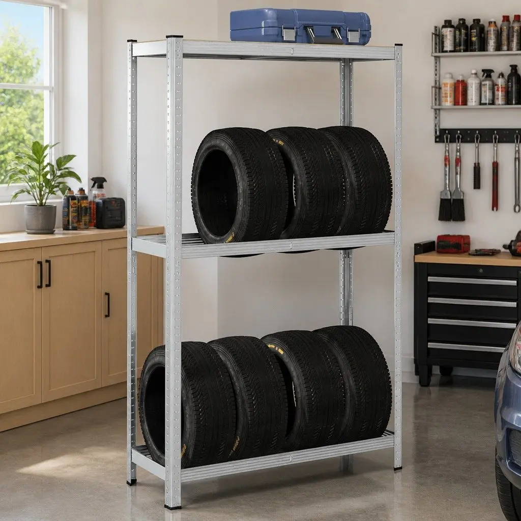 2-Layer Tyre Shelf Storage Rack Height Adjustable Silver Steel 110cm W x 40cm D x 180cm H