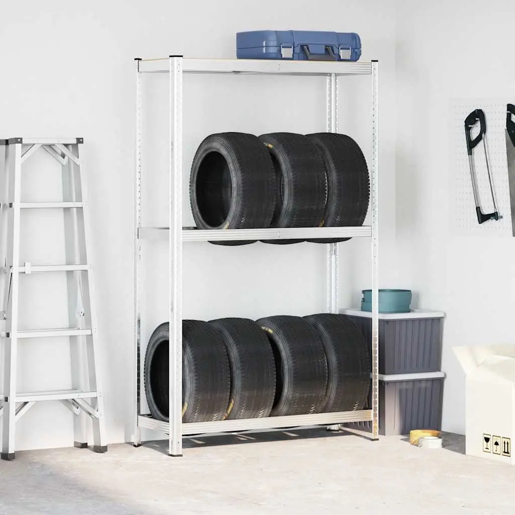 2-Layer Tyre Shelf Storage Rack Height Adjustable Silver Steel 110cm W x 40cm D x 180cm H
