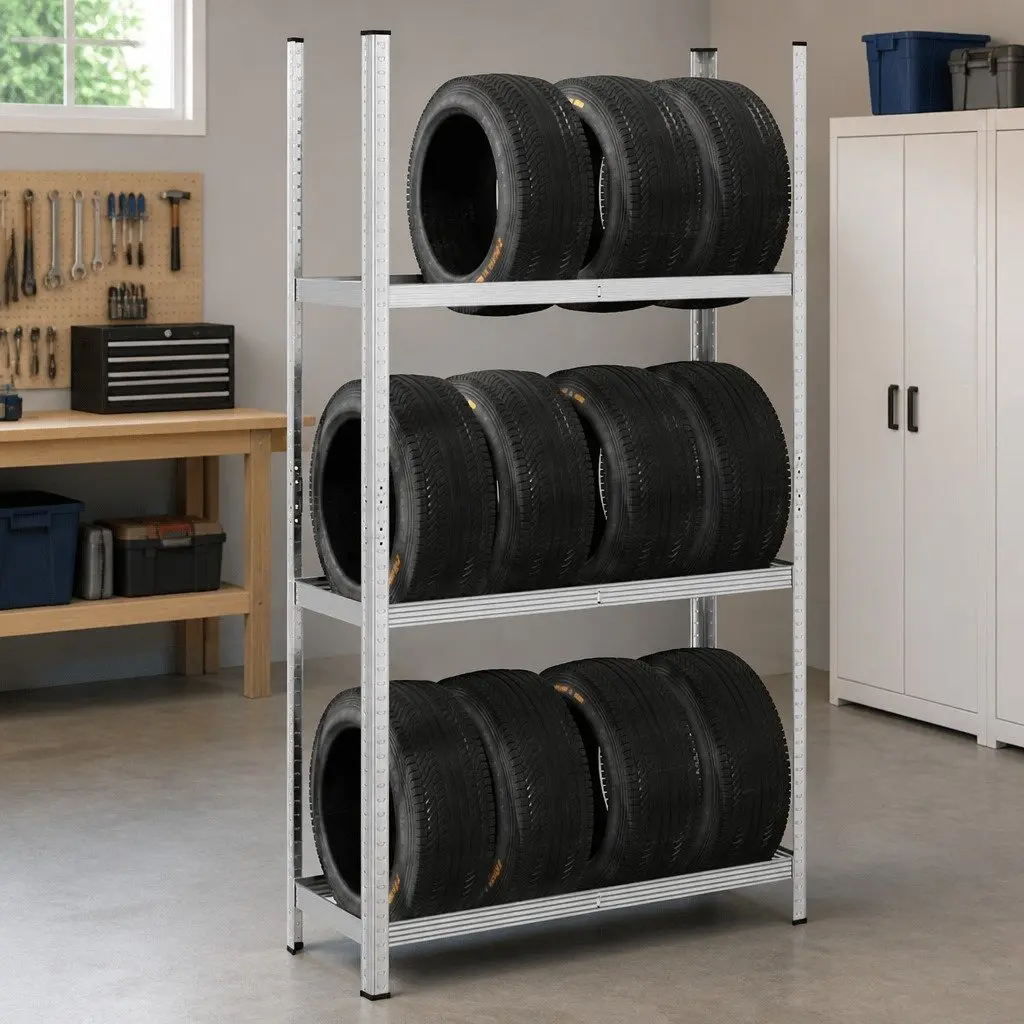 Tyre Shelf Steel 3 Layer Height Adjustable 110x40x200cm Silver Garage Storage