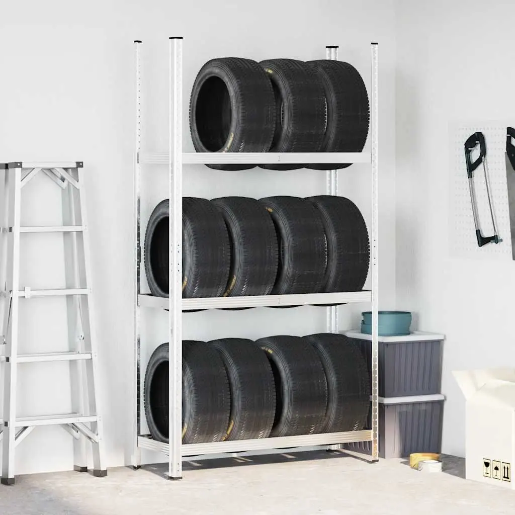 Tyre Shelf Steel 3 Layer Height Adjustable 110x40x200cm Silver Garage Storage