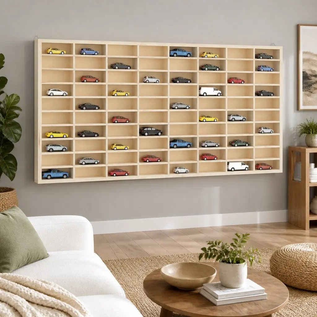 Wooden Display Case Wall Mounted Organiser 80 Compartments Brown