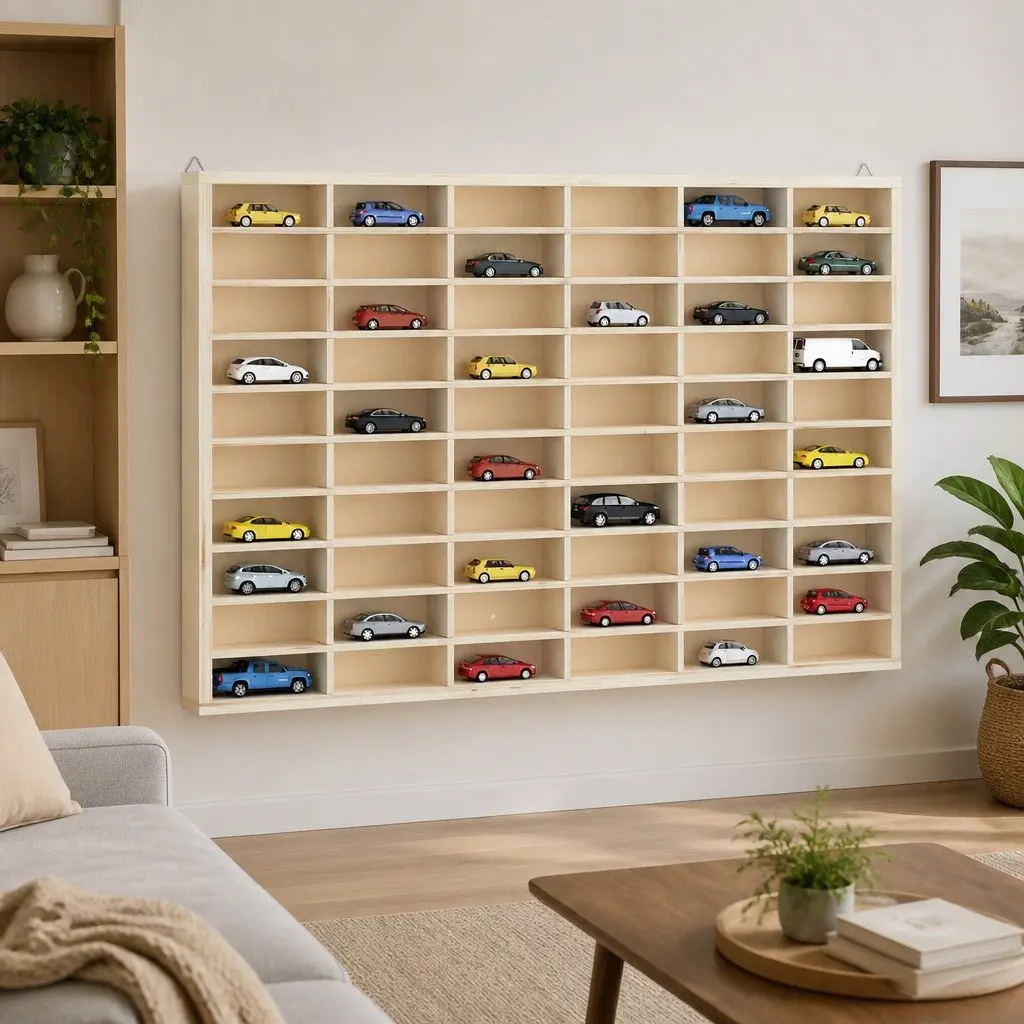 Wooden Display Case Wall Mounted Organizer 60 Compartments Brown