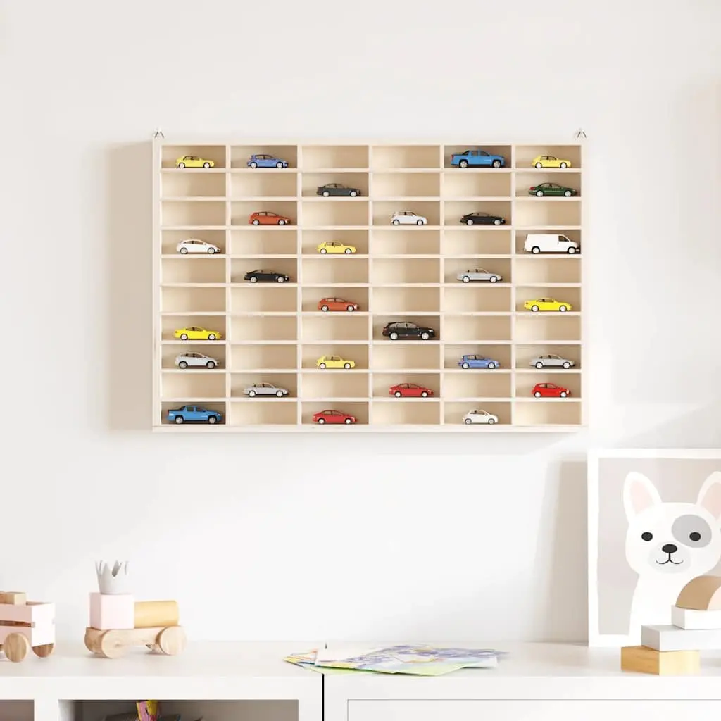 Wooden Display Case Wall Mounted Organizer 60 Compartments Brown