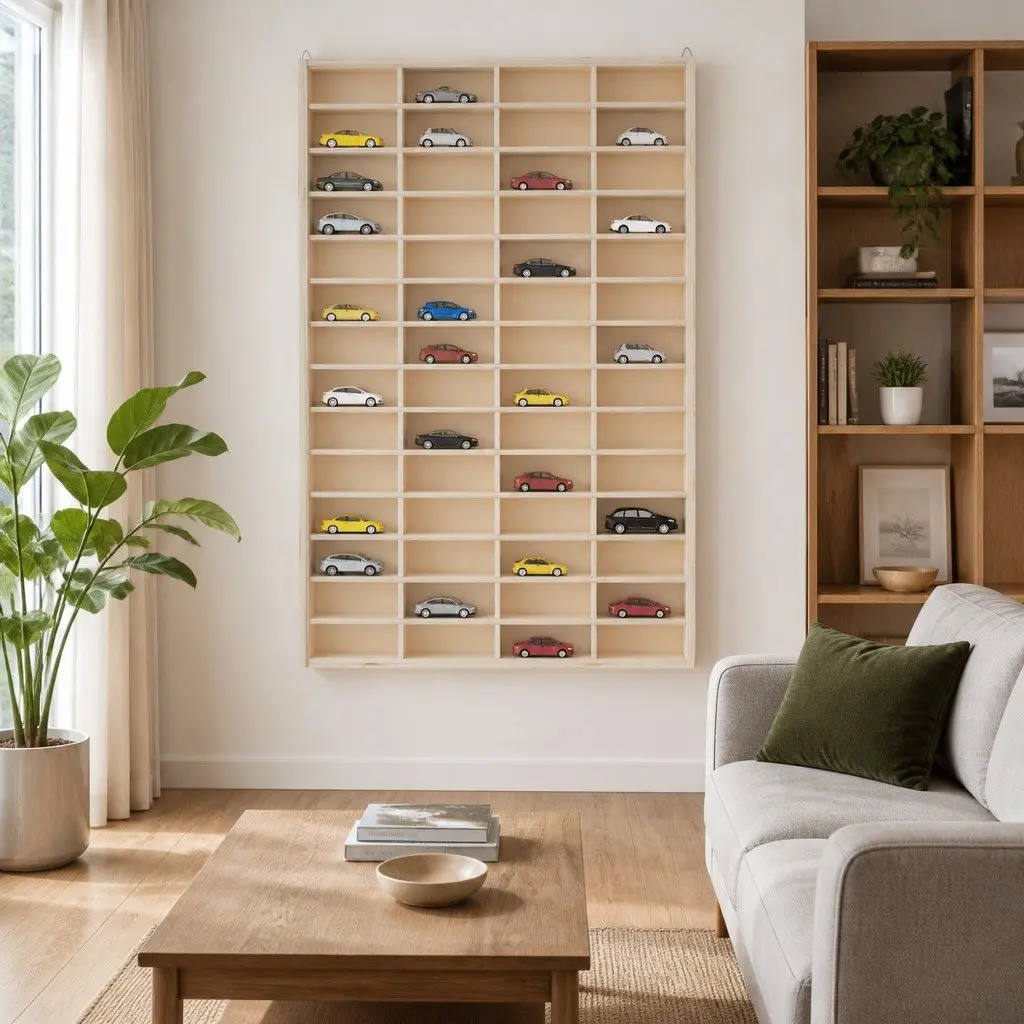 Wooden Display Case Wall Mounted Organiser 56 Compartments Brown