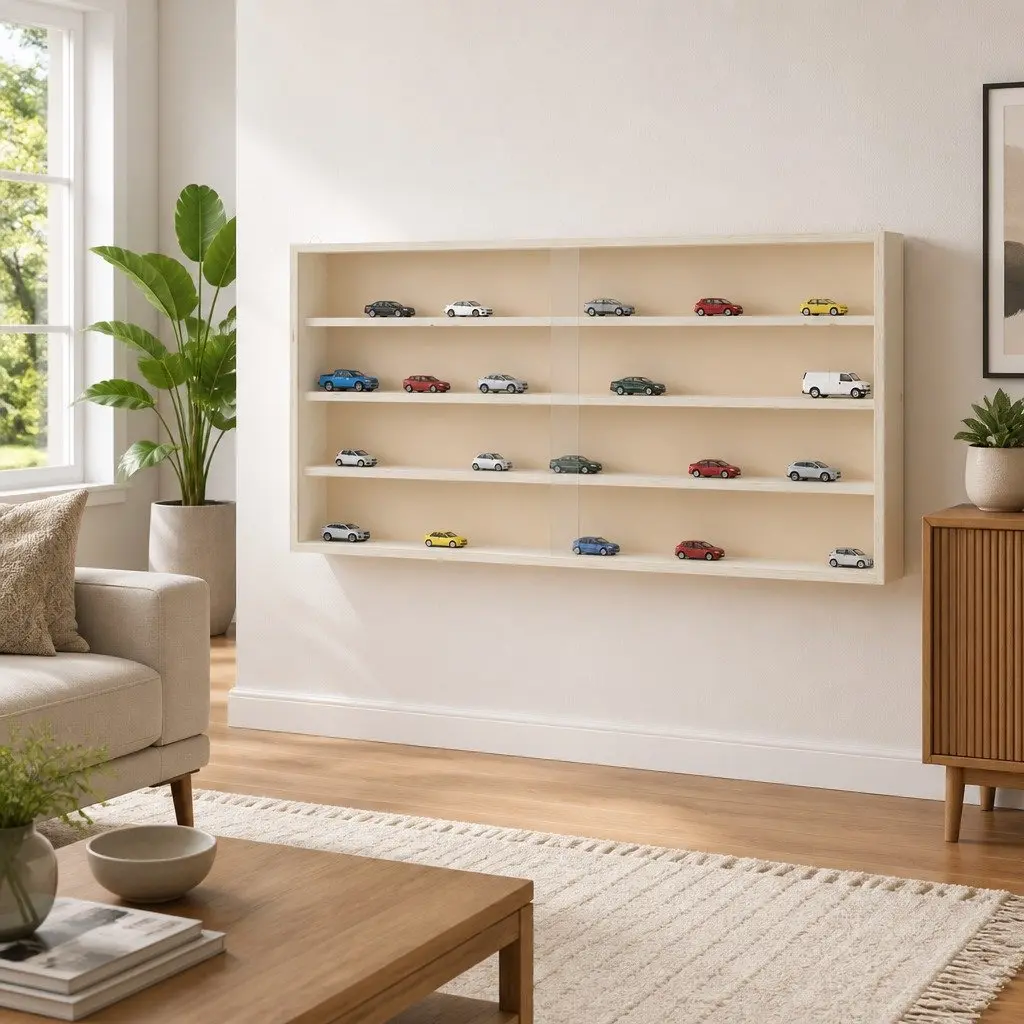 Wooden Display Case Wall Mounted Organiser 4 Shelves Brown