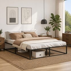 Queen Metal Bed Frame 153x203 cm Black Slatted Base Storage Space