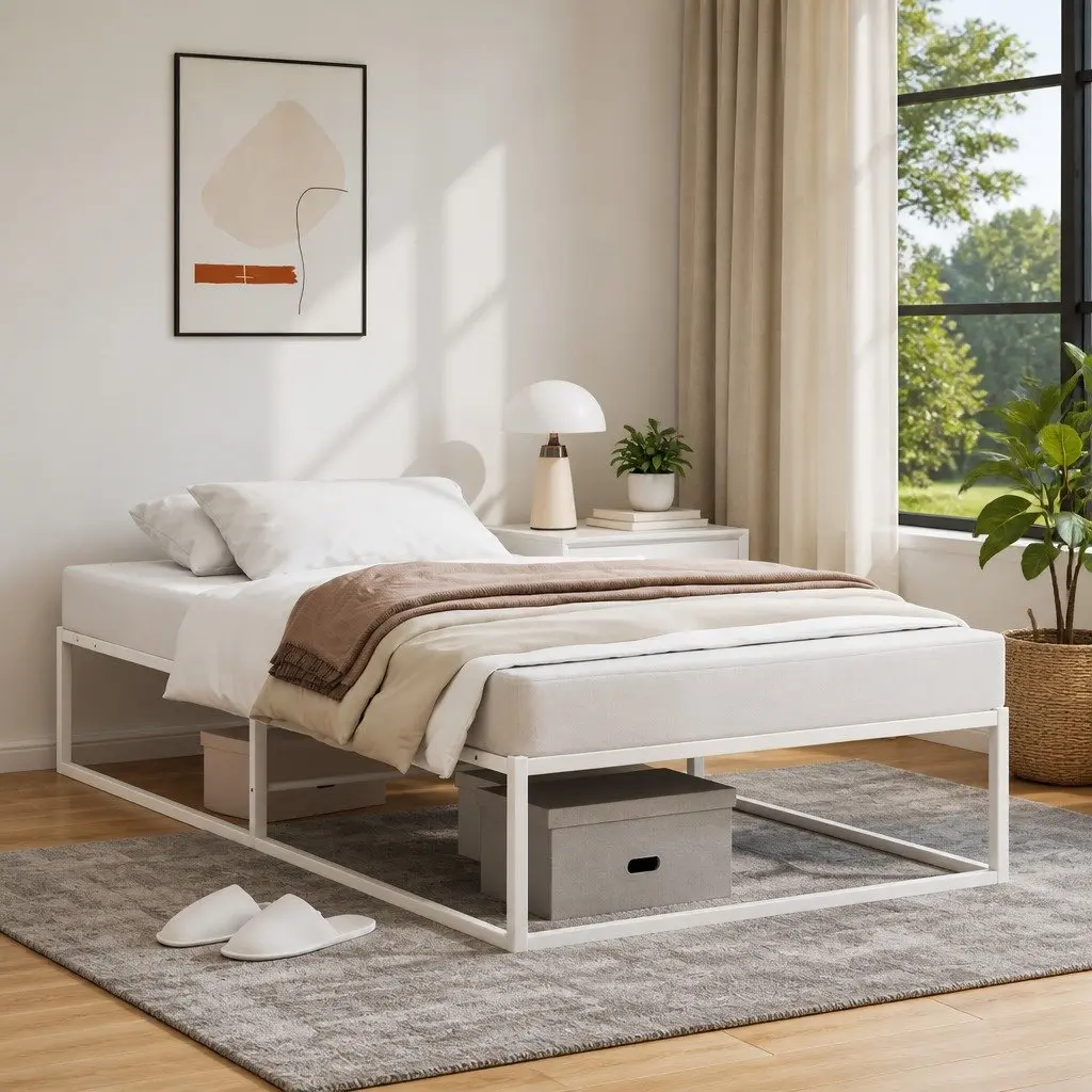 Metal Bed Frame Slatted Base 92x187 cm White
