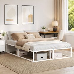 White Metal Bed Frame with Under-Bed Storage Space