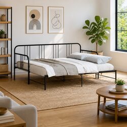 Compact Daybed with Trundle - Durable Black Metal Frame