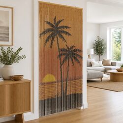 Insect Door Curtain Palm Tree Print 90x220 cm Bamboo Fly Screen Beaded Pest