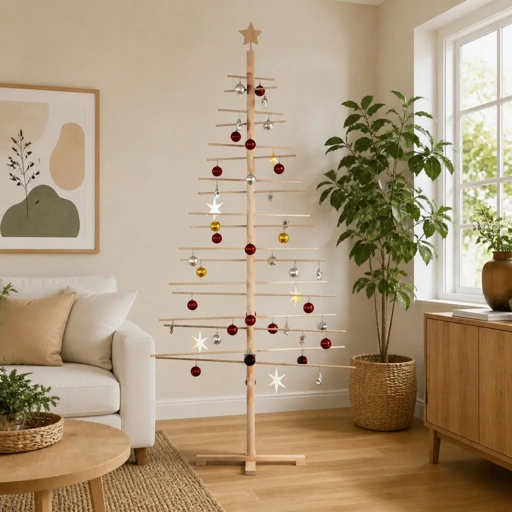 Wooden Christmas Tree Decoration 210cm Solid Pine Wood Brown Disassemblable