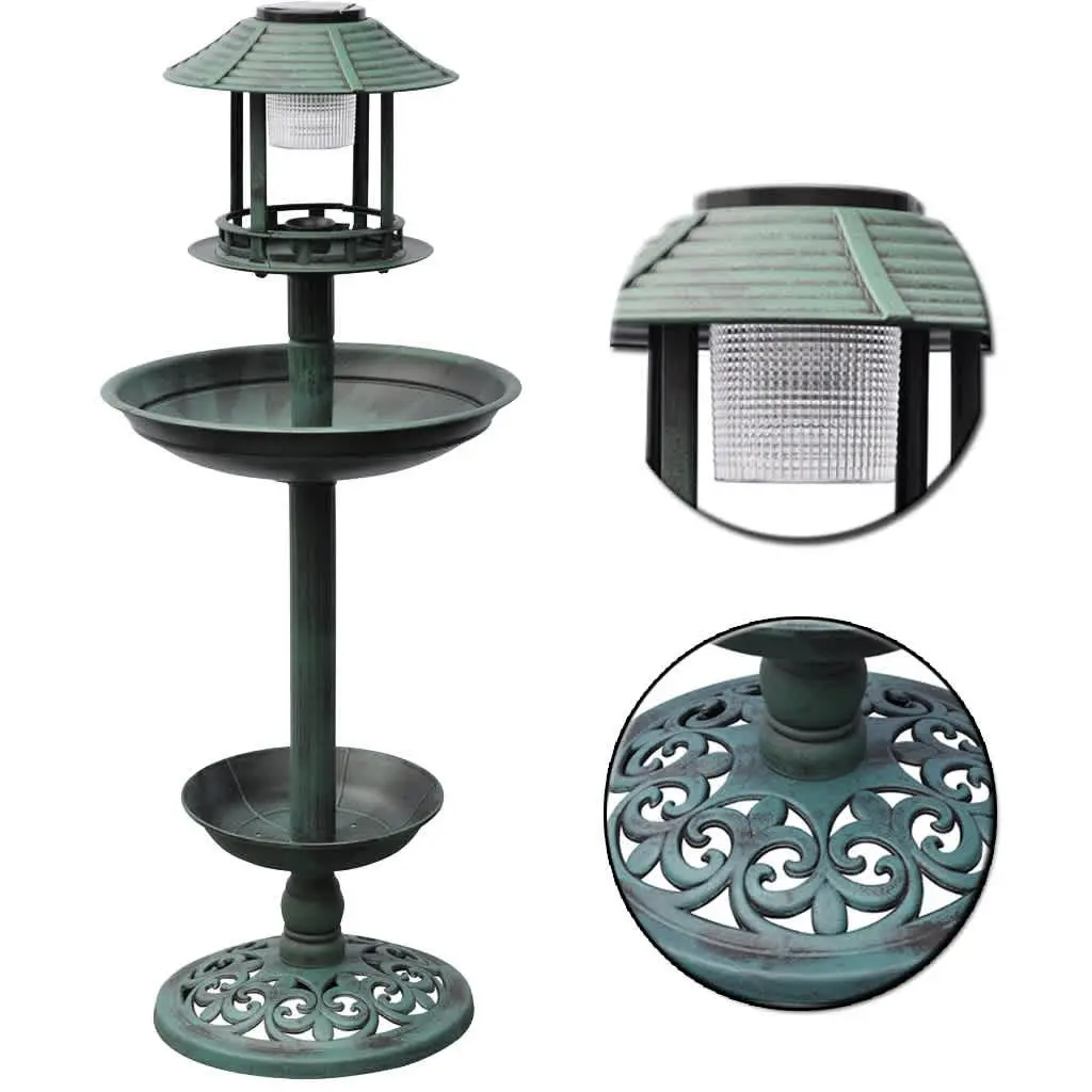 Bird Bath and Feeder Outdoor Garden Decor Solar Light Green