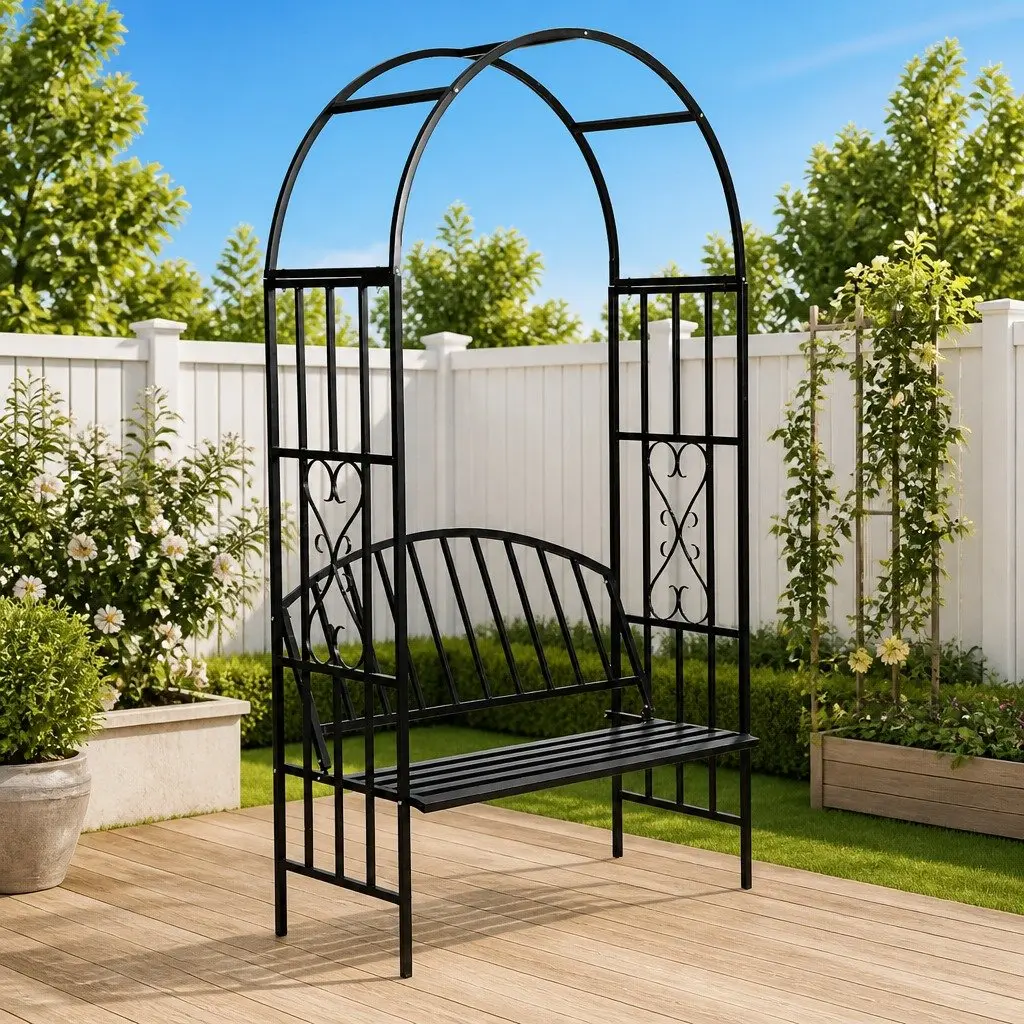 Garden Arch with Bench Outdoor Structure Patio Arbour Black