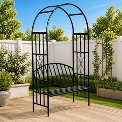 Garden Arch with Bench Outdoor Structure Rose Trellis Pergola Patio Arbour Black