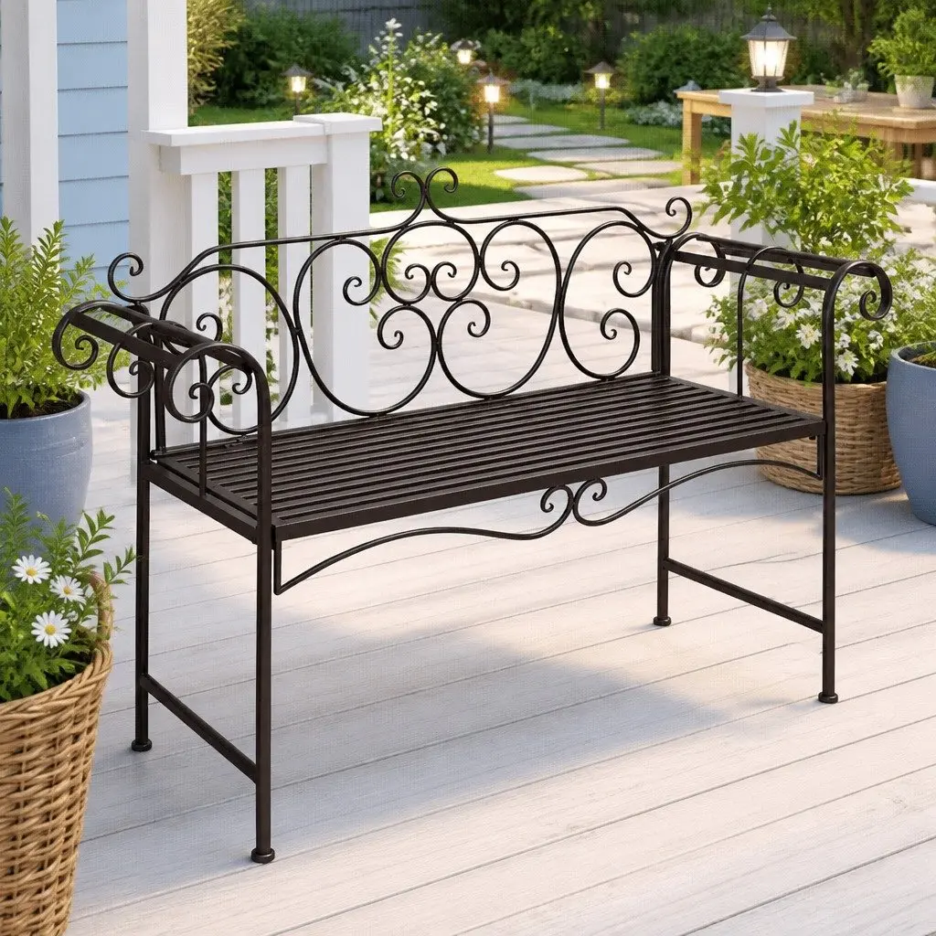 Garden Bench Outdoor Seating 132cm Metal Frame Brown