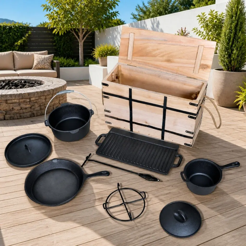 Dutch Oven Set 9 Piece Outdoor Cooking Black Cookware Grill Pan Picnic BBQ Camping Tools