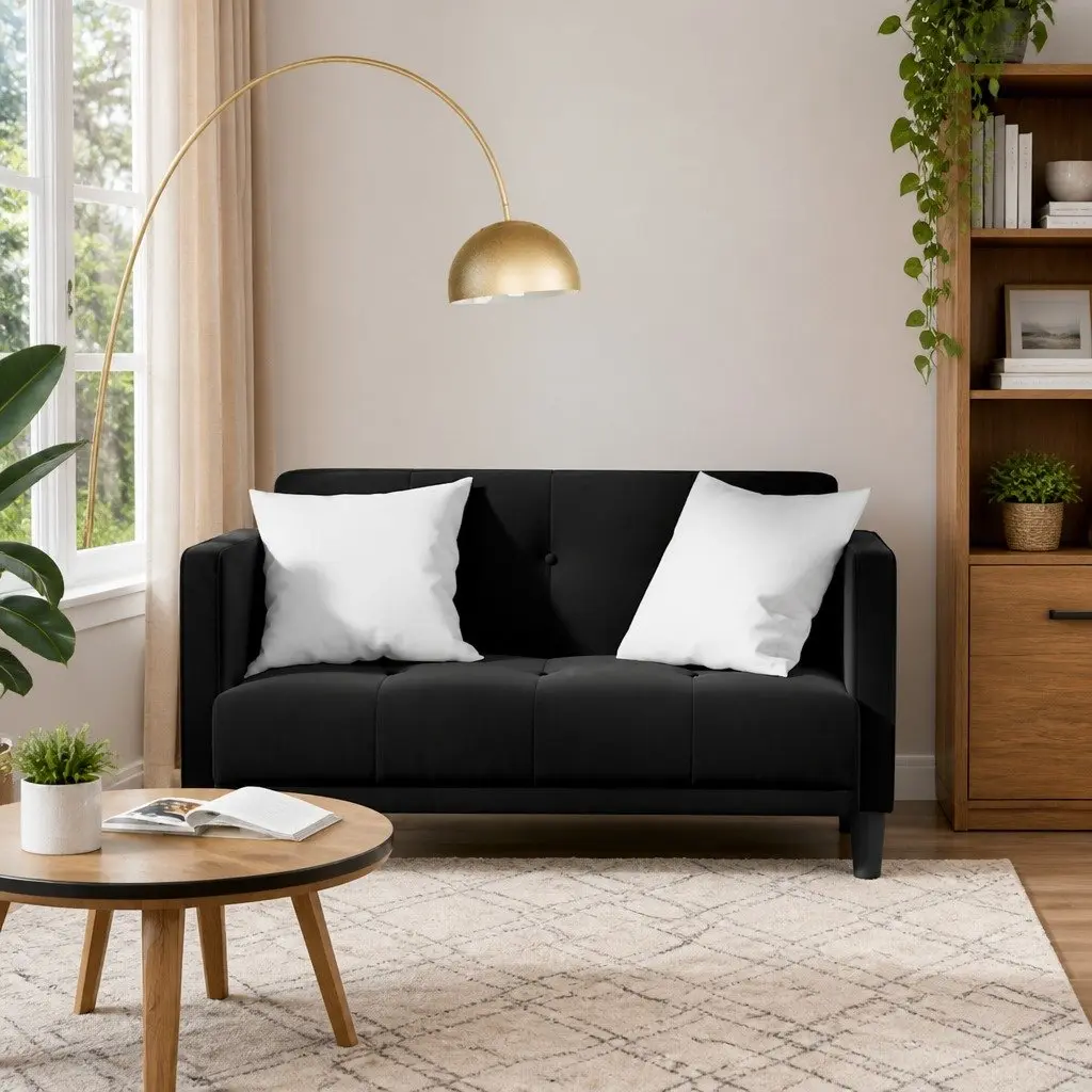 Loveseat Sofa Black 111cm Velvet Fabric Compact Two Seater Couch