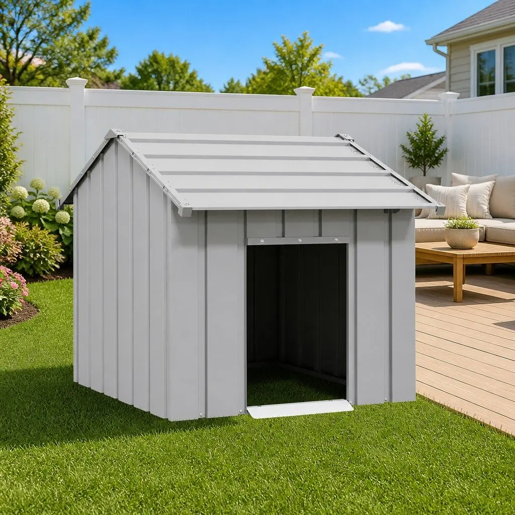 Dog House Outdoor Pet Shelter Galvanised Steel Grey 85 x 107 x 81 cm