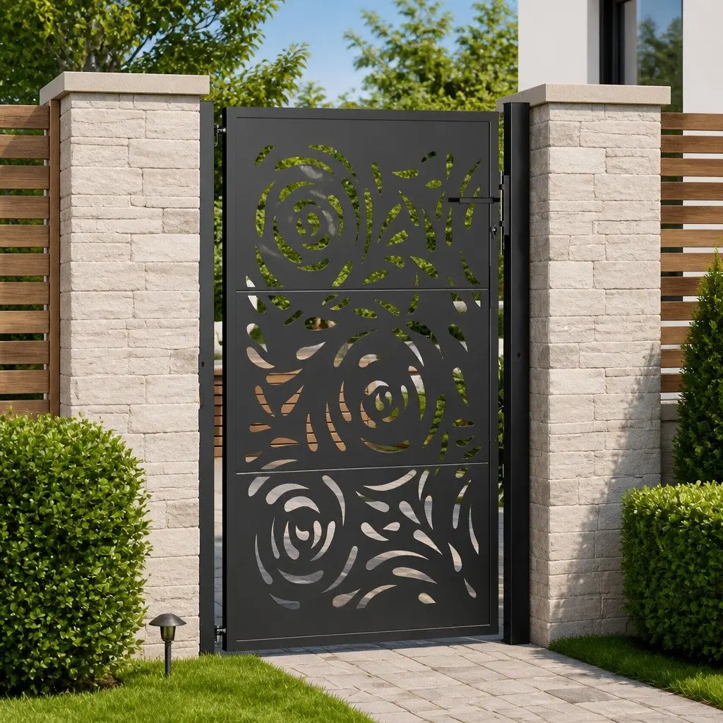 Garden Gate Steel Black Laser-Cut Design Lockable Fence Entry 100x150cm