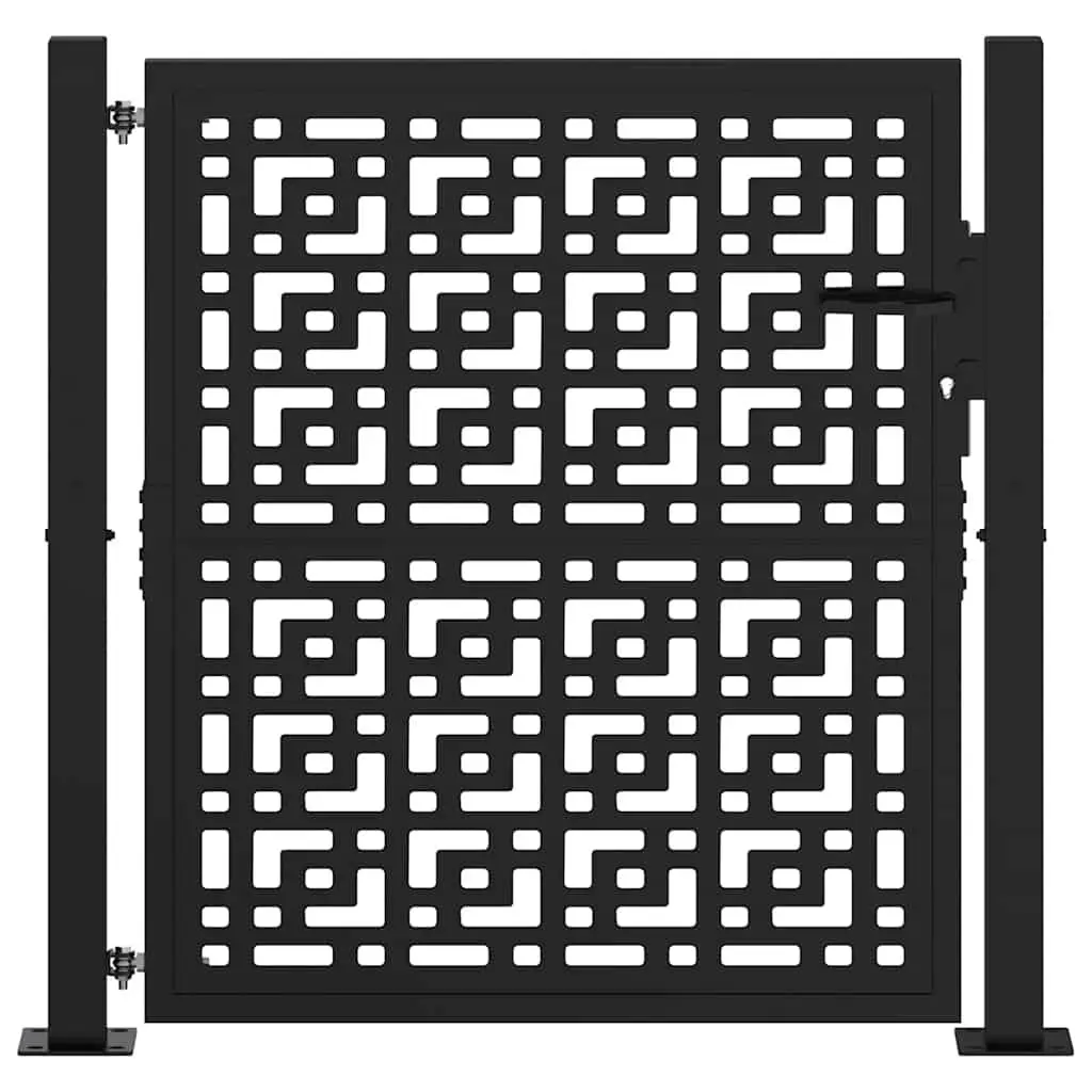 Garden Gate Black 100x100 cm Steel Cross Design Outdoor Fence Entry Lockable