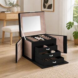 Jewellery Box 4-Layer Organiser with Mirror Lock Handle Black Storage Case