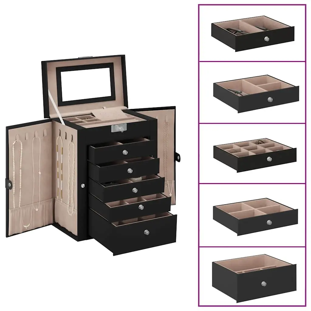 Jewellery Box 6-Layer Black Organiser Storage Case with Mirror