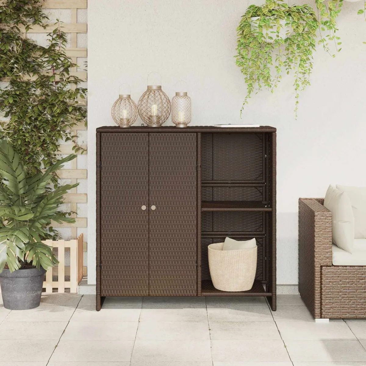 Rattan Storage Cabinet Brown Rectangular Living Room Furniture with Adjustable Shelves