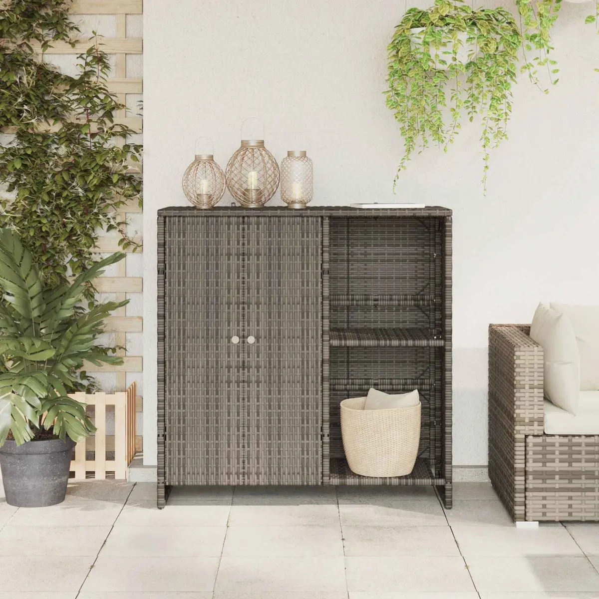 Storage Cabinet Grey Rattan Rectangular Shelf Living Room Furniture 100x36x102cm
