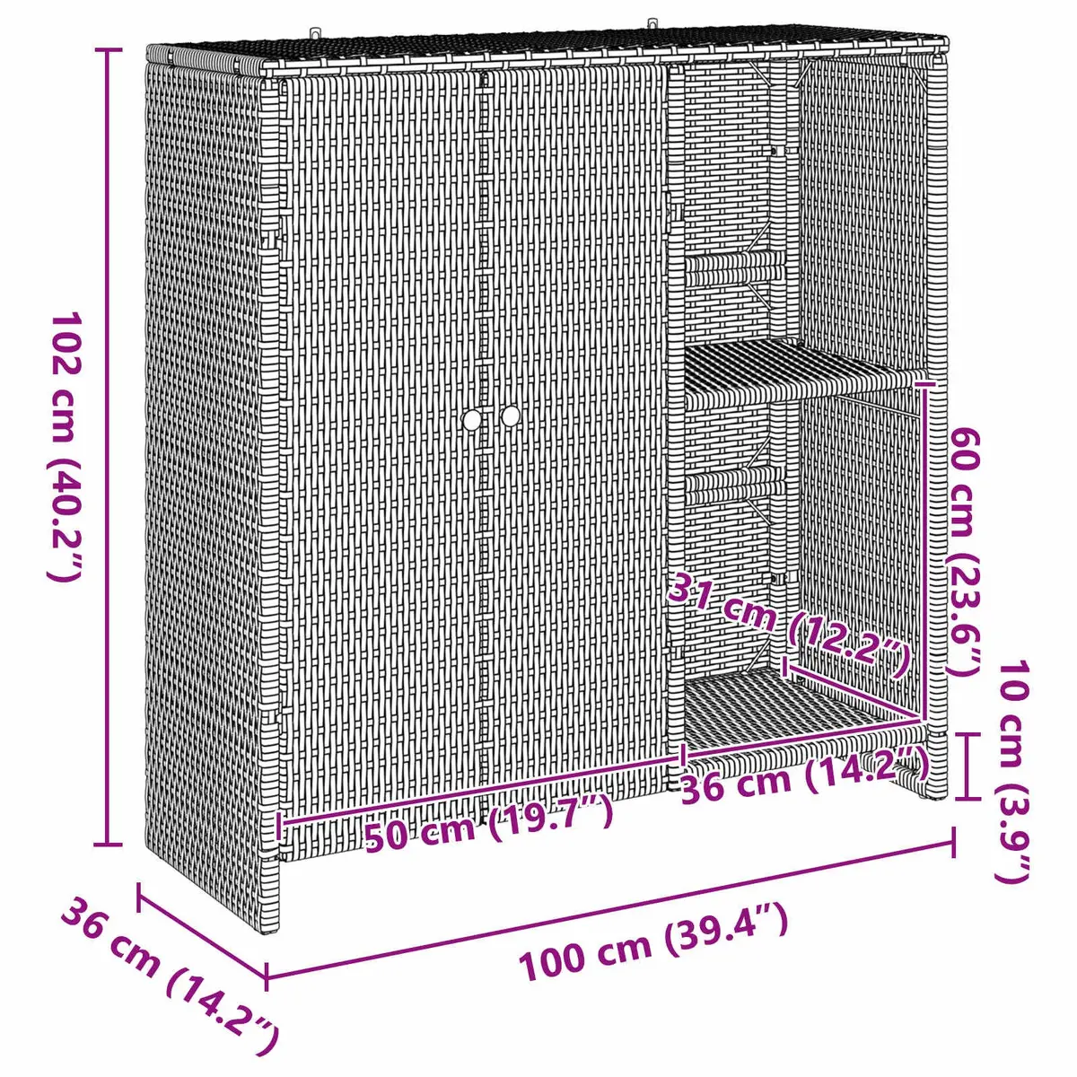 Storage Cabinet Grey Rattan Rectangular Shelf Living Room Furniture 100x36x102cm