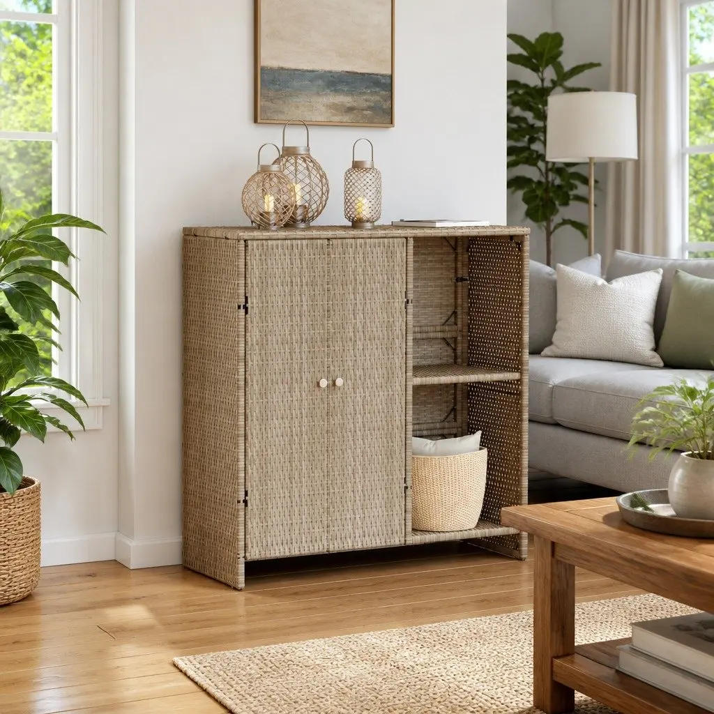 Storage Cabinet with Shelf Rattan Beige Rectangular Living Room Furniture