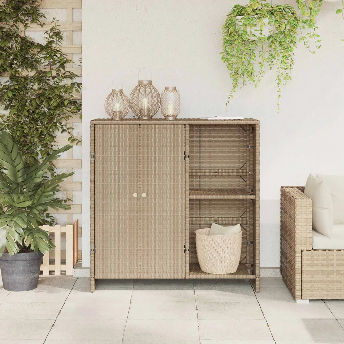 Storage Cabinet Rattan Beige Rectangular Living Room Furniture 100 x 36 x 102 cm