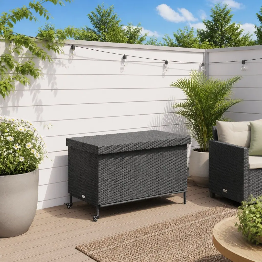 Garden Storage Box Outdoor Furniture Black PE Rattan with Wheels 110 x 55 x 73 cm