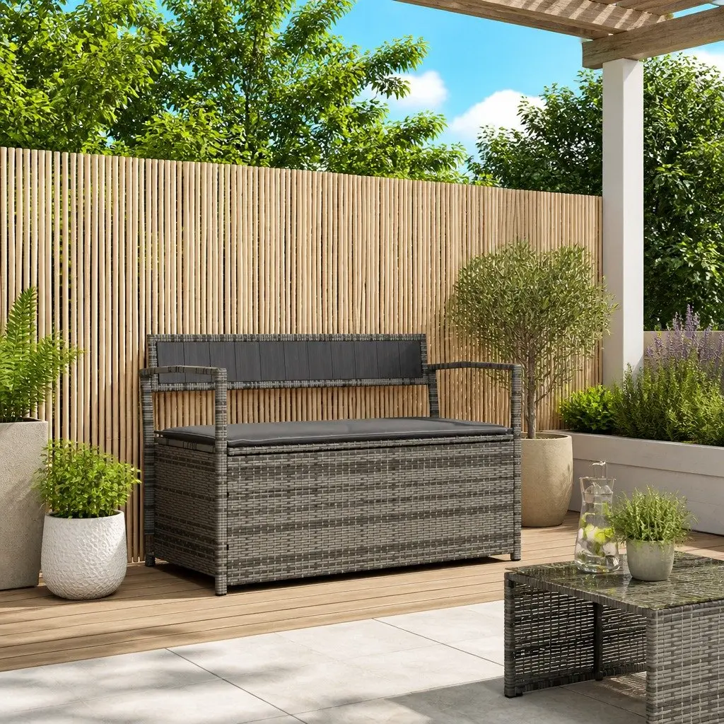 Garden Storage Bench with Cushion Outdoor Seating Poly Rattan Grey