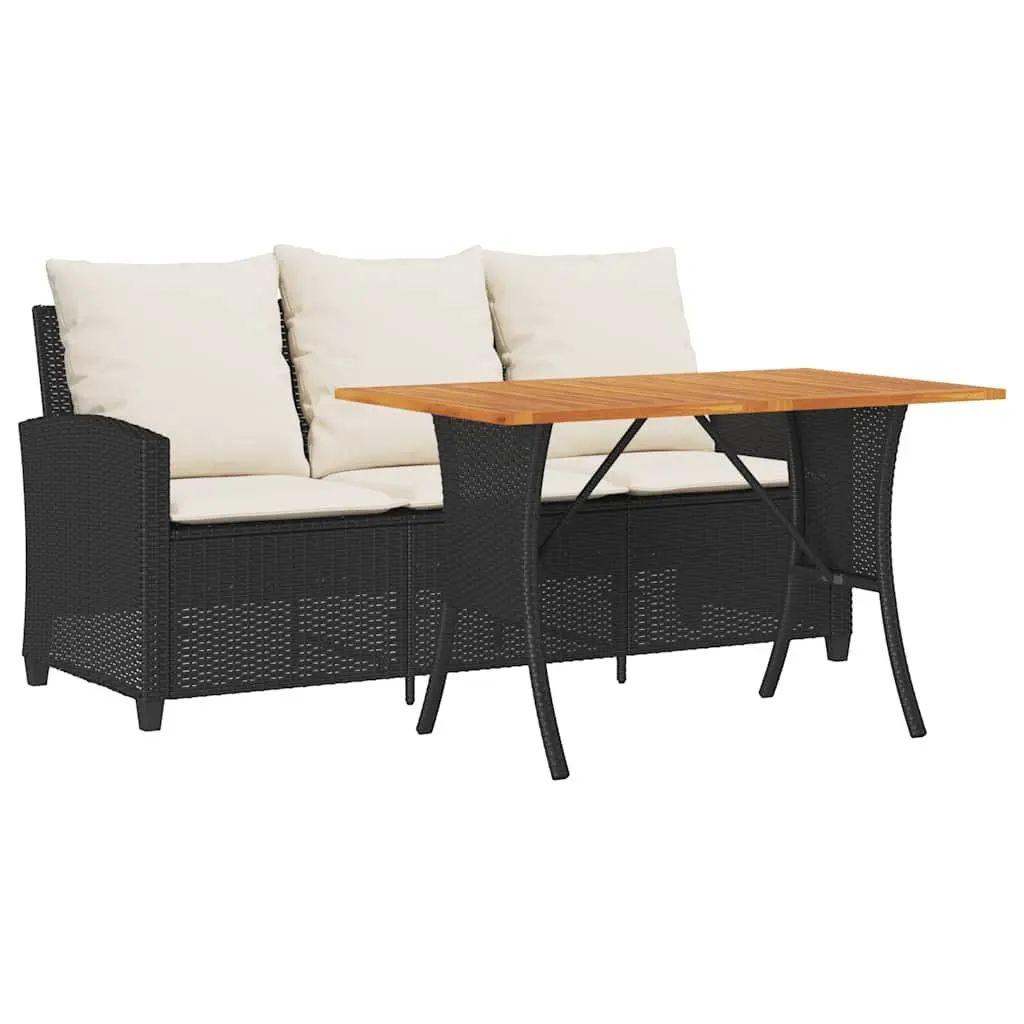 Garden Sofa 3-Seater Outdoor Seating Black Poly Rattan with Acacia Wood Table