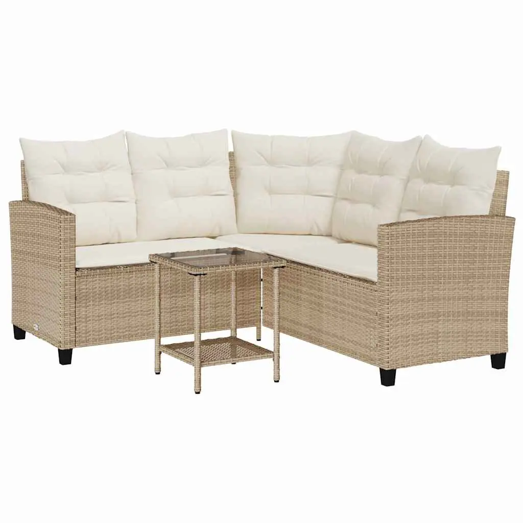 L Shaped Garden Sofa Set with Cushions and Table Beige Poly Rattan Outdoor Furniture