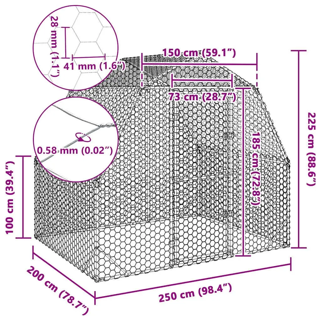 Walk-In Coop Enclosure for Chickens 2.5x2x2.25m Hexagonal Mesh Wire Silver