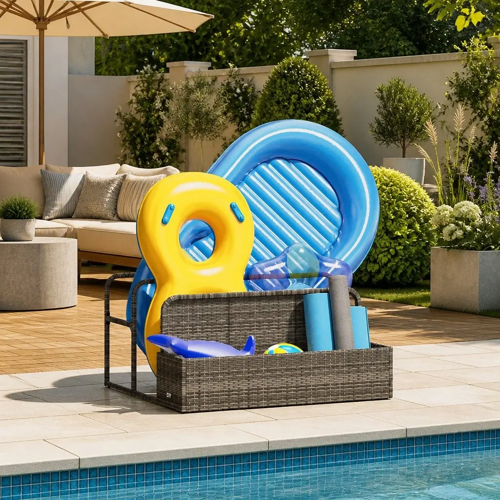 Poolside Float Storage Basket Grey Outdoor Garden Patio Rattan Organiser