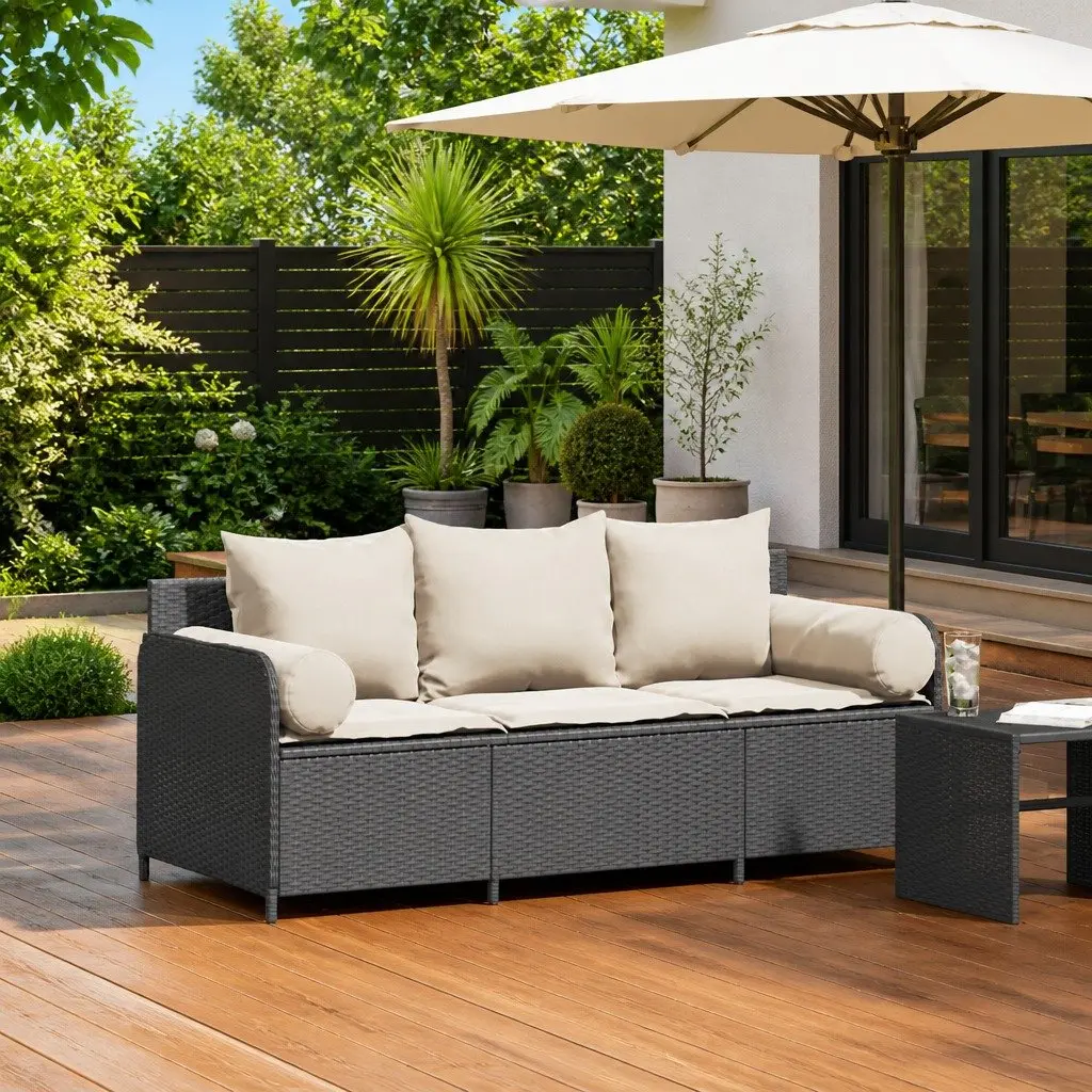 3-Seater Garden Sofa Cushioned Outdoor Black Rattan Patio Lounge Chair