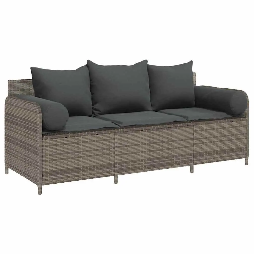 Garden Sofa 3-Seater Outdoor Couch Set with Cushions Grey Poly Rattan