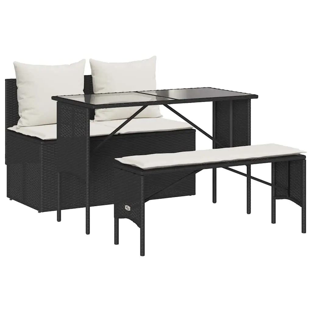 Outdoor Dining Set 3 Piece Garden Furniture Black Poly Rattan with Cushions