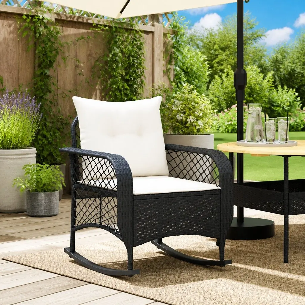 Garden Rocking Chair Outdoor Seating Black Poly Rattan with Cushions