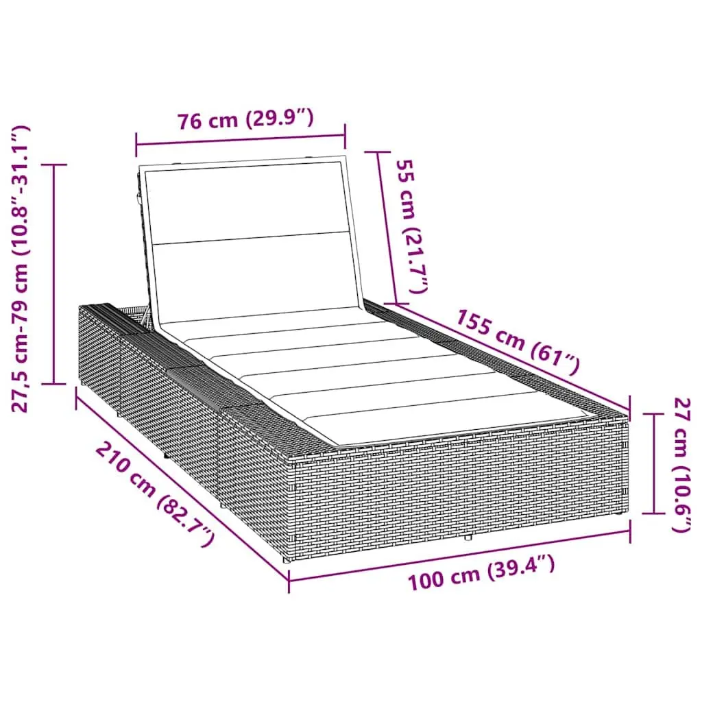 Sun Lounger Sunbed Grey Poly Rattan Adjustable Backrest Outdoor Garden Furniture