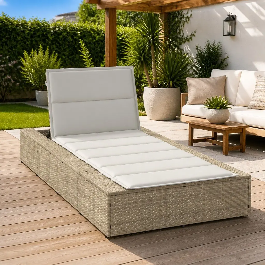 Outdoor Sun Lounger Adjustable Daybed Beige Poly Rattan with Floating Cushion