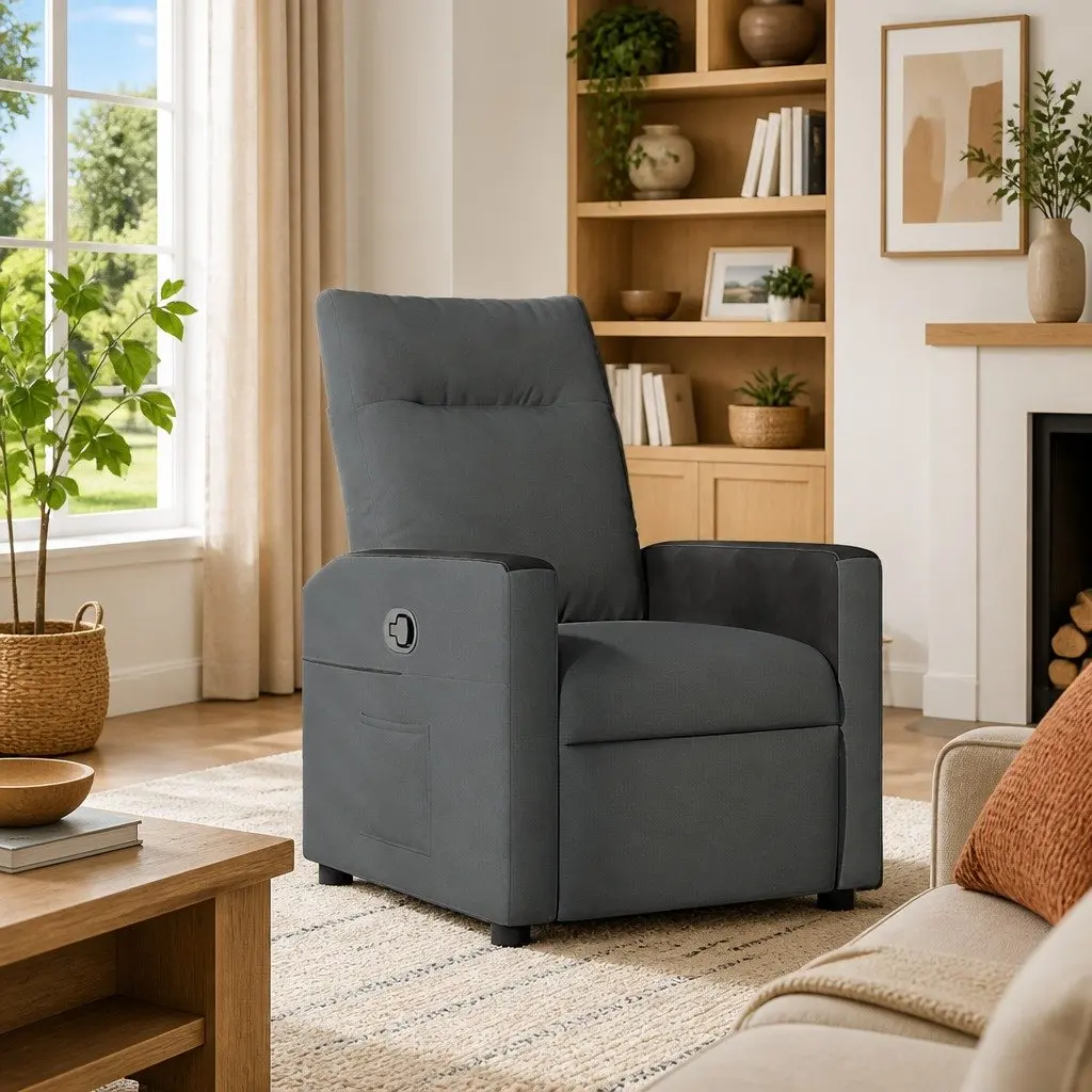 Manual Recliner Chair Grey Fabric Lounge Seat with Footrest Adjustable Backrest