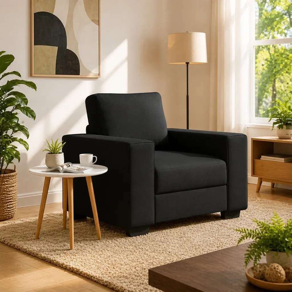 Black Fabric Sofa Chair Lounge Seat Armrest Living Room Furniture 100x77x82cm