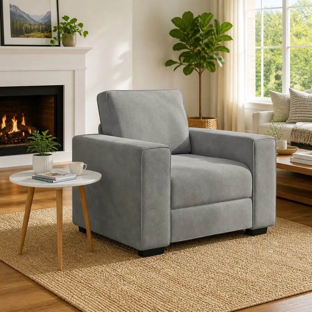 Sofa Chair Light Grey Velvet Lounge Seat Padded Armchair